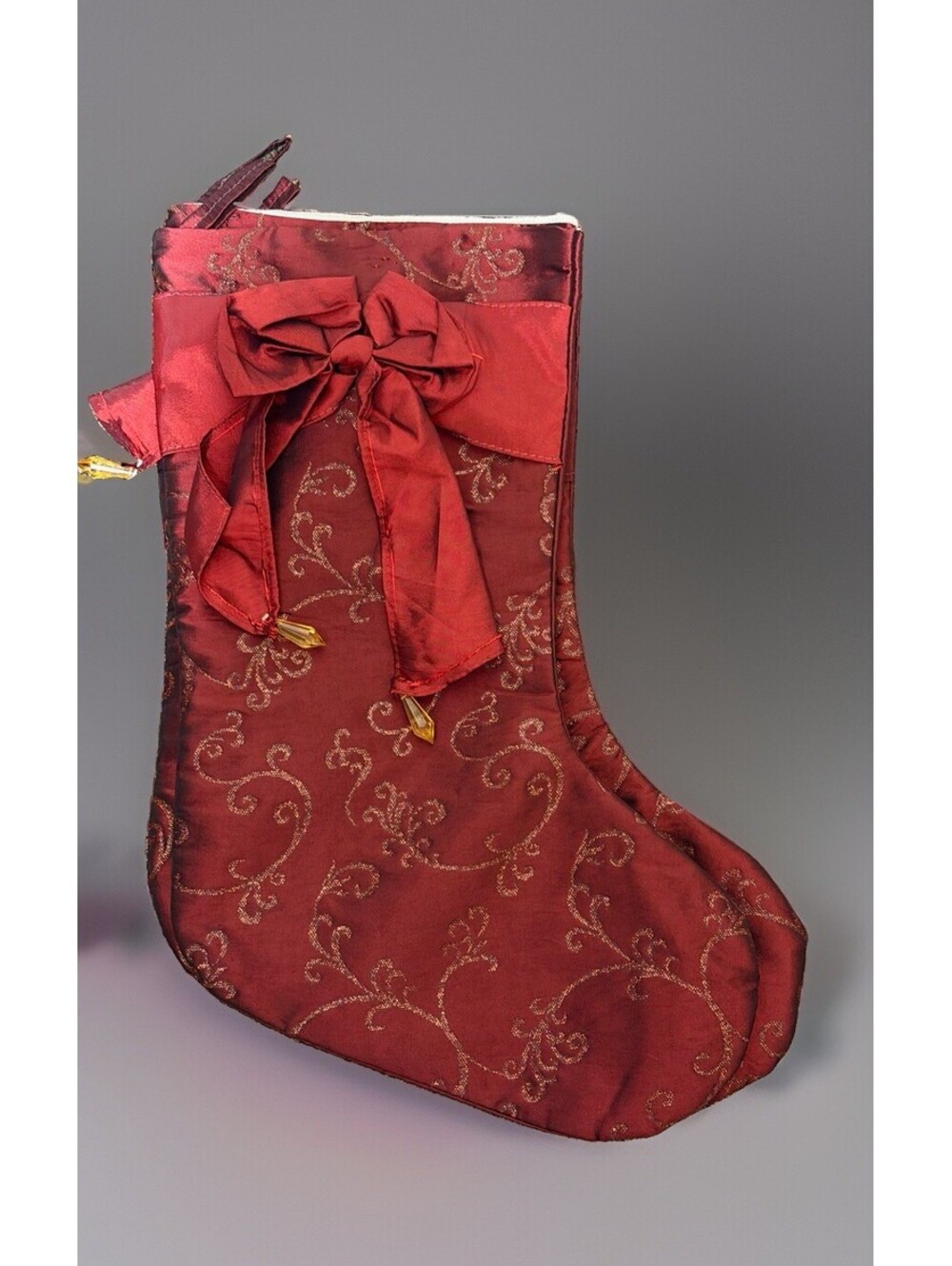 Lot of 3 Elegant Burgundy Christmas Stockings Jacquard Glitter Scroll Bow READ